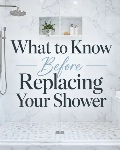 Newly remodeled shower with elegant marble-look walls, glass enclosure, and centered article title about replacing a shower.