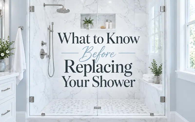 Newly remodeled shower with elegant marble-look walls, glass enclosure, and centered article title about replacing a shower.