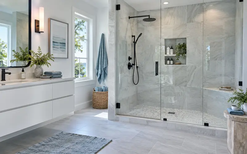Modern walk-in shower with frameless glass doors, light gray tile walls, and matte black fixtures in a newly renovated bathroom.