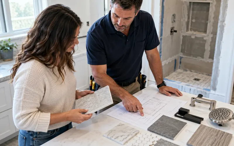 Homeowner and contractor reviewing shower tile samples, hardware finishes, and layout plans during a bathroom renovation.