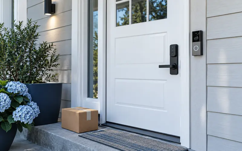 Smart front entry with video doorbell, smart lock, and package at the door