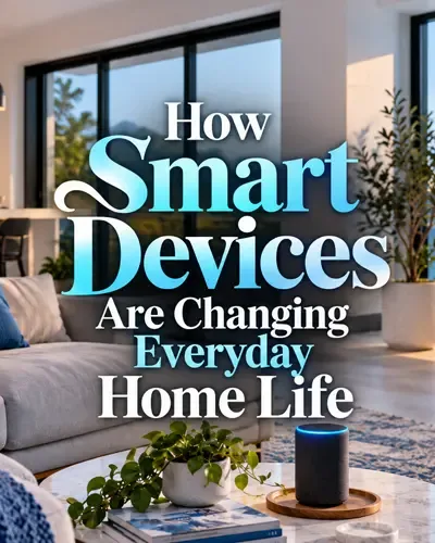 Stylish smart home interior with the title How Smart Devices Are Changing Everyday Home Life centered over the image