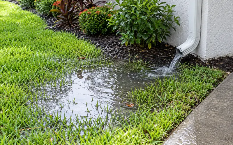 Rainwater collecting in a low area of a Florida lawn near a home's drainage downspout.