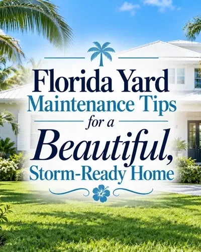 Florida home with green lawn, tropical landscaping, and a decorative title about maintaining a beautiful, storm-ready yard.