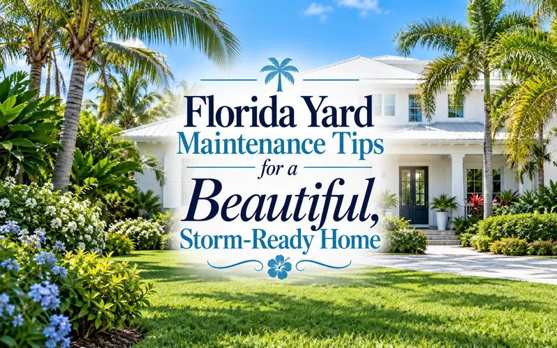 Florida home with green lawn, tropical landscaping, and a decorative title about maintaining a beautiful, storm-ready yard.