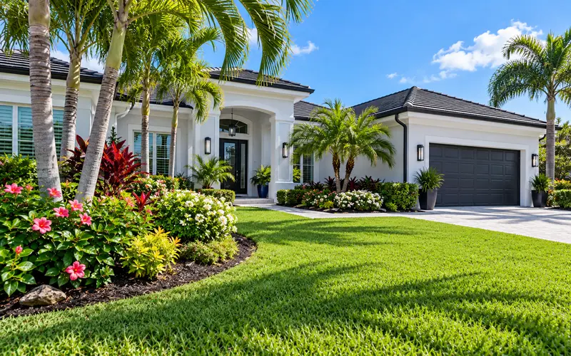 Well-maintained Florida front yard with palm trees, tropical plants, and a green lawn surrounding a modern home.