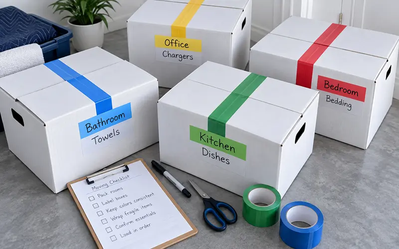 Color-coded moving boxes organized by room with labels for kitchen, bathroom, bedroom, and office