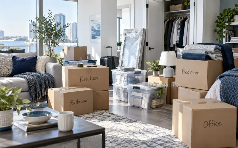 Organized temporary move with labeled boxes, storage bins, and packing supplies in a bright apartment