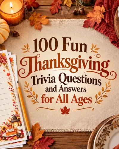 Thanksgiving trivia questions and answers featured graphic with pumpkins, autumn leaves, and colorful seasonal decorations.