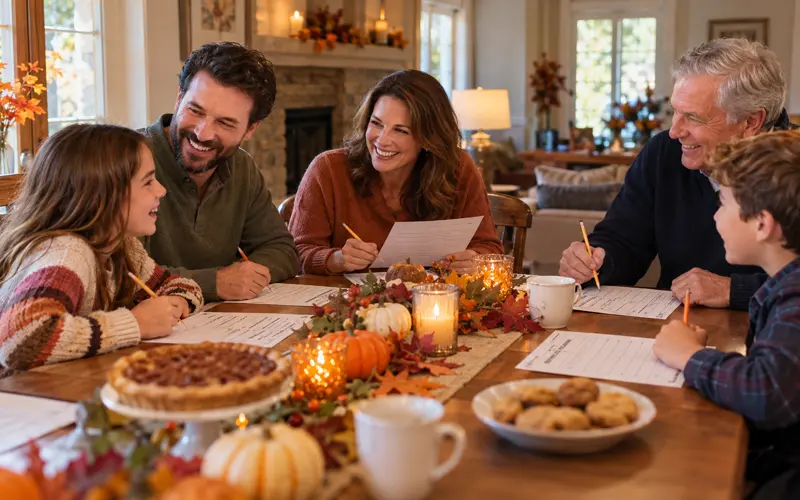 Family members enjoying a Thanksgiving trivia game around a festive dining table with pumpkins, pencils, and holiday decorations.