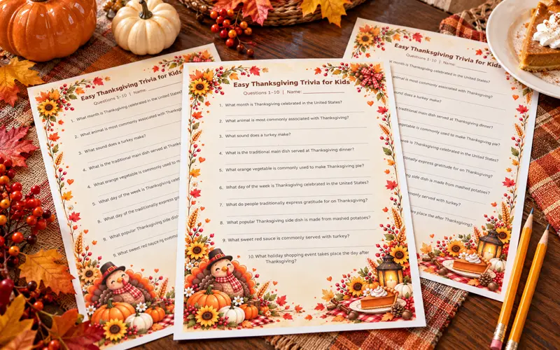 Colorful Thanksgiving trivia printable pages featuring autumn illustrations, a cute turkey, pumpkins, and a complete holiday game.