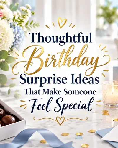 Birthday flowers, chocolates, and a wrapped gift surrounding decorative lettering with thoughtful birthday surprise ideas.