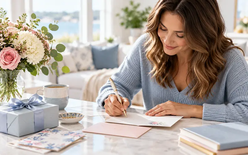 Woman writing a heartfelt birthday card at a table with flowers, stationery, and a wrapped present.