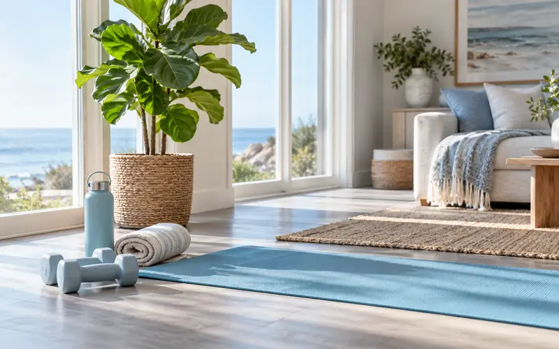 Blue yoga mat with dumbbells, water bottle, and towel in a bright home workout space