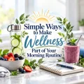 Morning wellness graphic featuring hydration, movement, breakfast, and mindfulness elements
