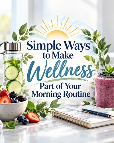 Morning wellness graphic featuring hydration, movement, breakfast, and mindfulness elements