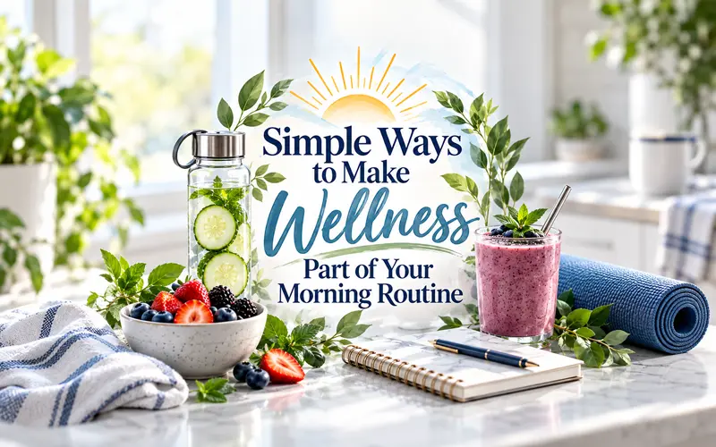 Morning wellness graphic featuring hydration, movement, breakfast, and mindfulness elements