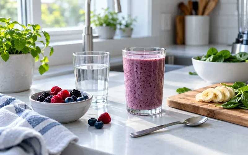 Bright morning kitchen with water, smoothie ingredients, and a calm wellness routine